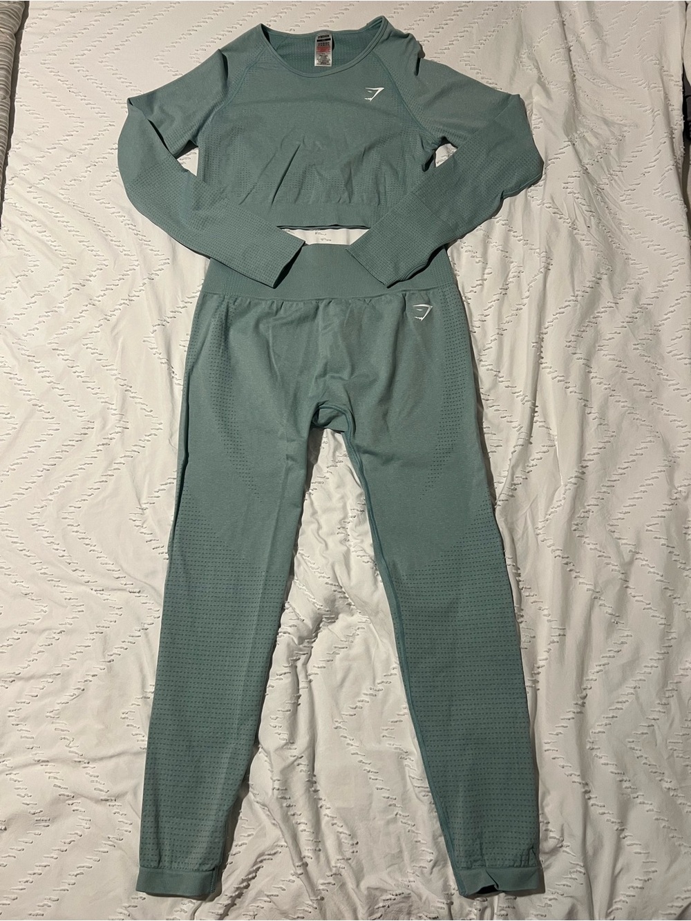 Gymshark Two-Piece Long Sleeve Crop Top & High-Waist Leggings - Sage Green/blue
